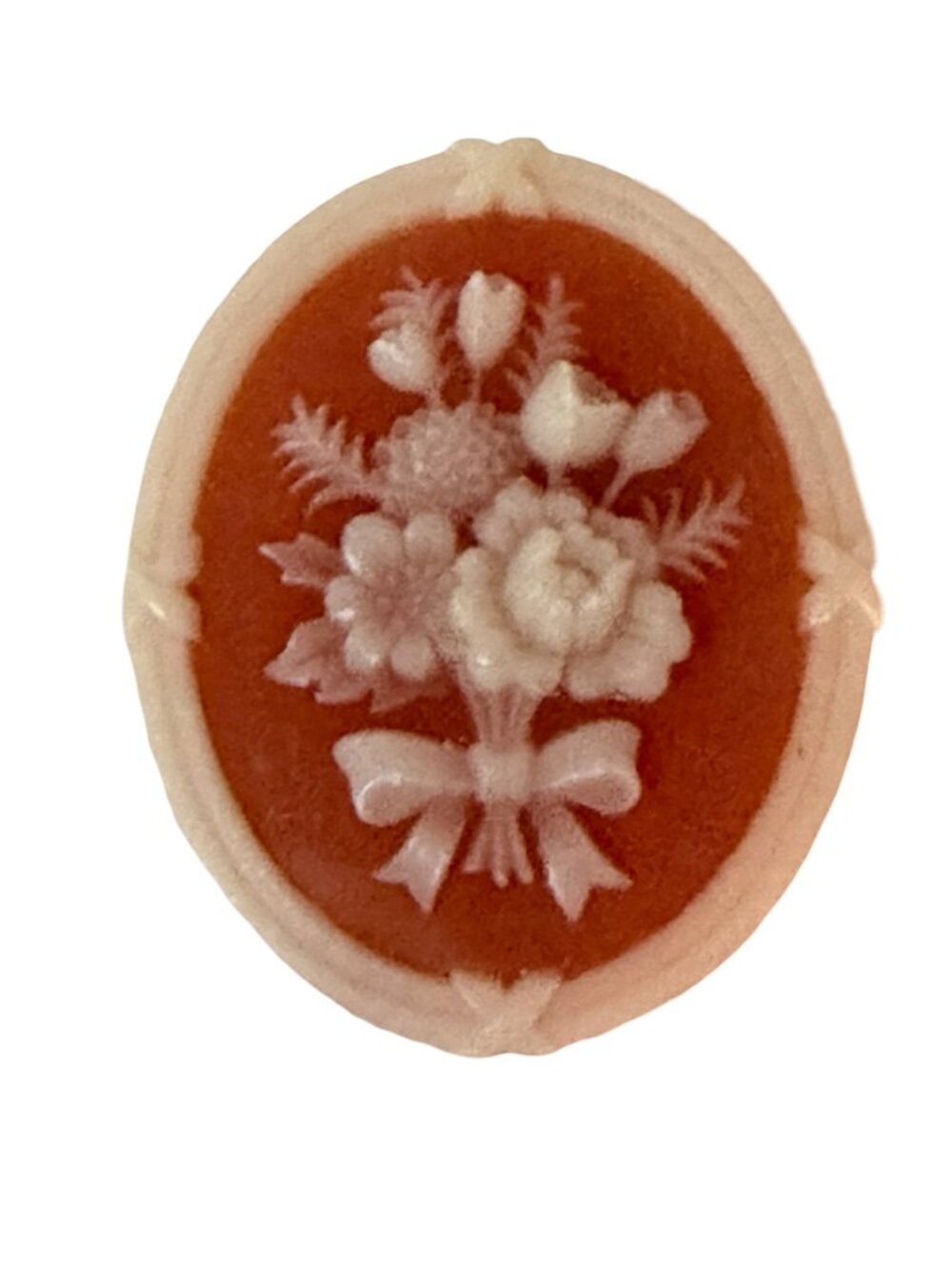 Vintage Floral Cameo Brooch Orange White Resin Bouquet Pin Oval Retro Jewelry